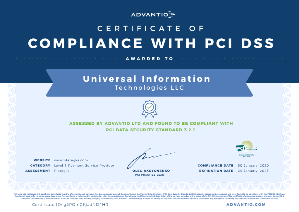 Сертифікат PCI DSS v.3.2.1