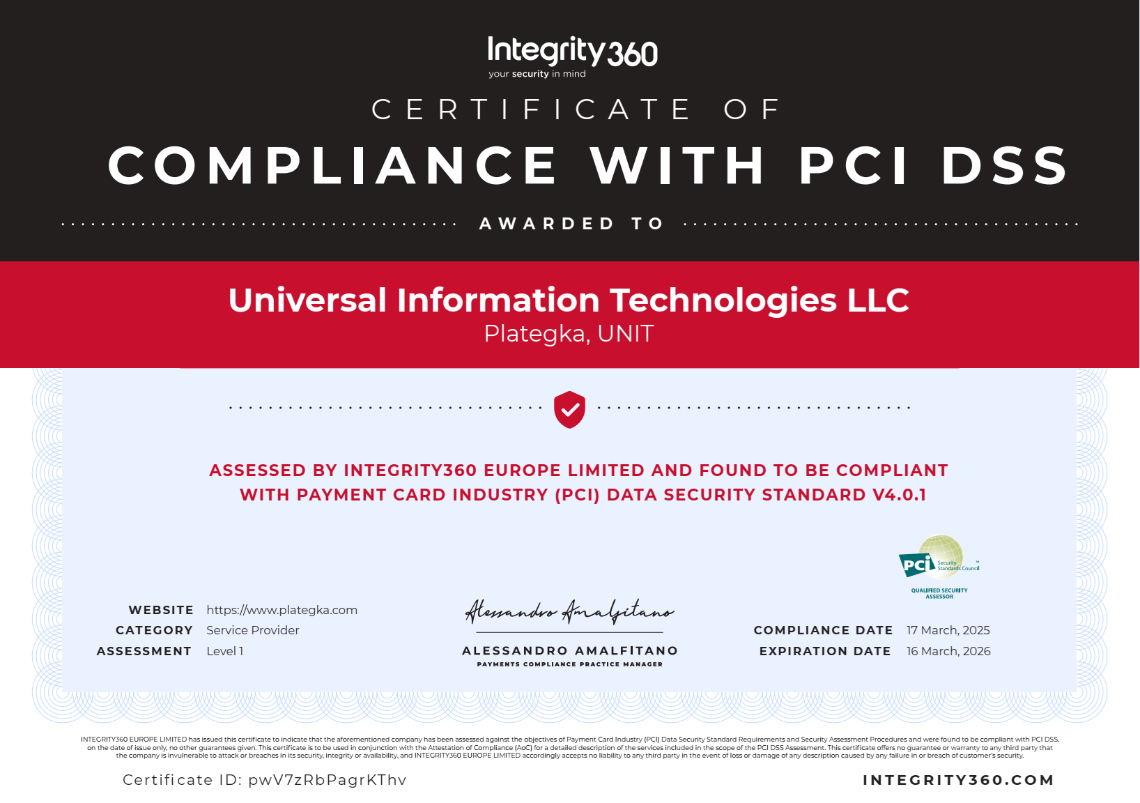 PCI DSS v.4.0.1 Certificate